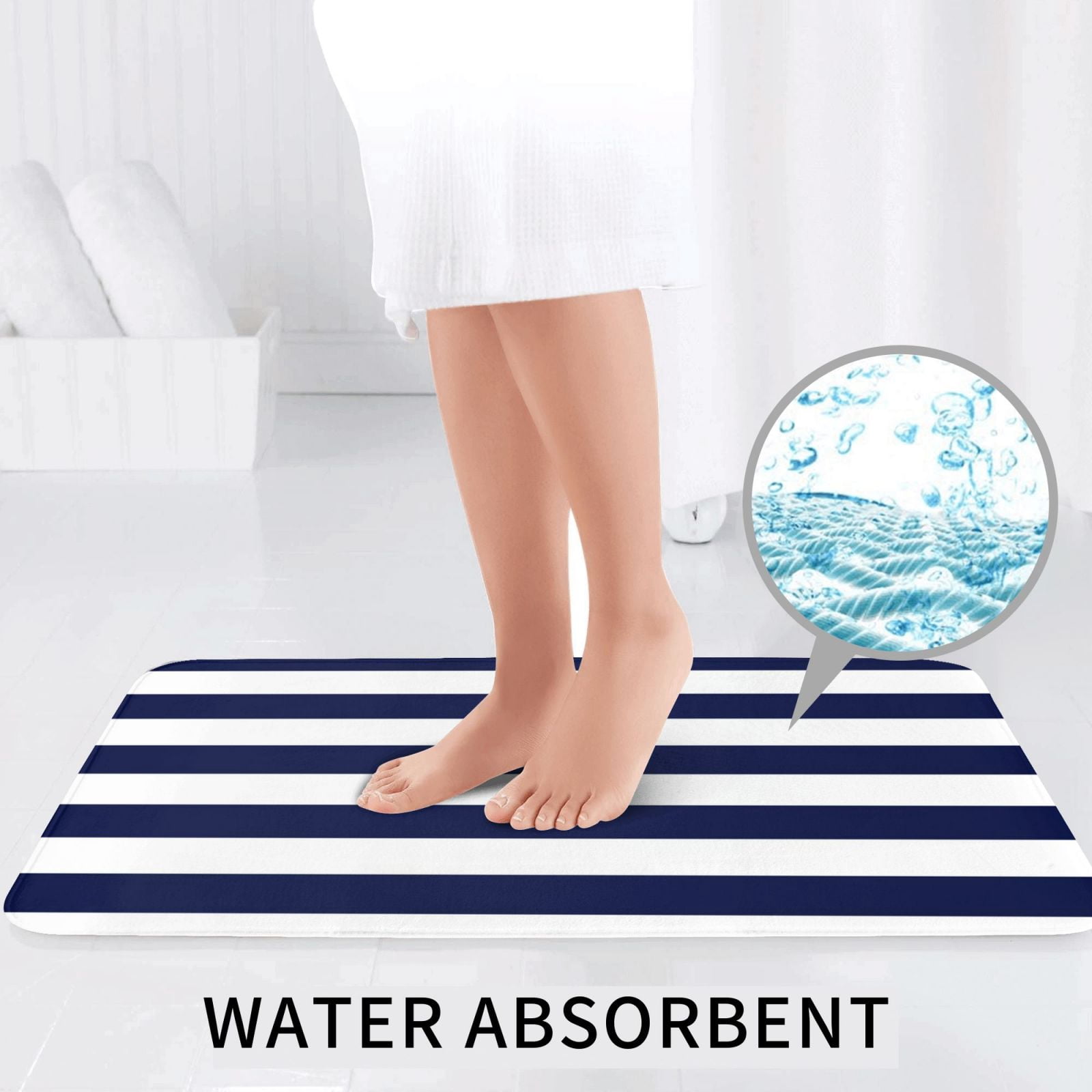 Bathroom Rugs Sets 3 Piece - Navy Blue And White Stripes Absorbent Non Slip Bath Mats, U-Shape Toilet Lid Cover, Contour Mat, Soft Washable Shower Mats Bath Rug Mat for Bathroom Tub Toilet
