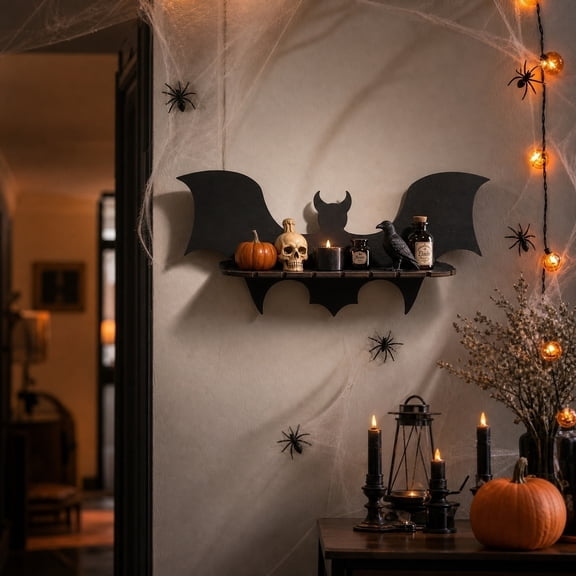Floating Wall Mounted Display Shelf, Halloween Wall Decor, Goth Wall Decor, Wood Wall Decor, 12X5.5 in Black Bat Shaped Wooden Display Rack for Spooky Home Accent