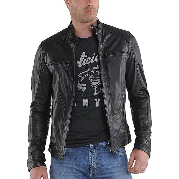 Men's Genuine Lambskin Leather Jacket Biker Soft Stylish Motorcycle Jacket A008