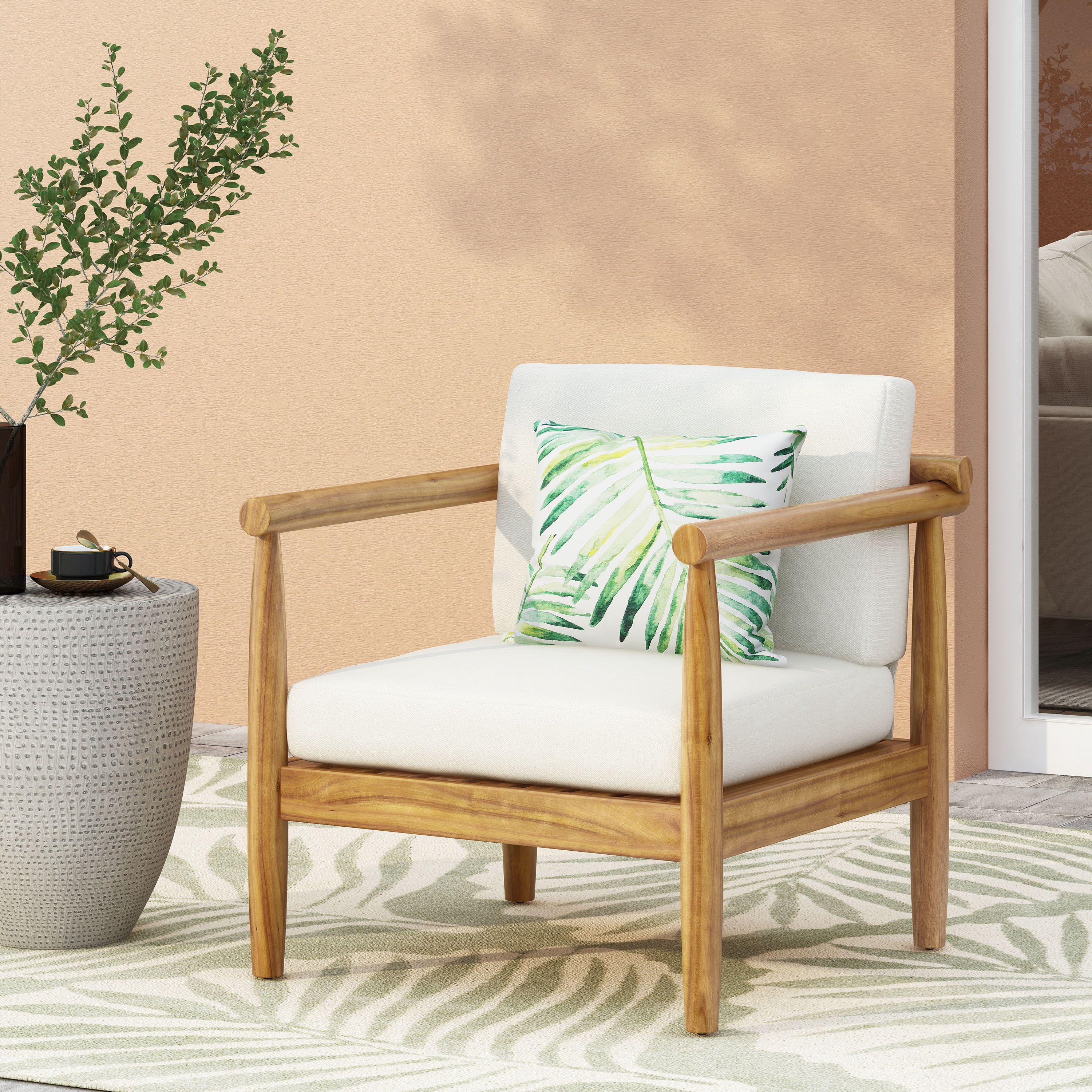 Euroco Outdoor Club Chair Set with Water-Resistant Cushions, Acacia Wood Frame and Slatted Back Design for Patio, Deck, or Garden