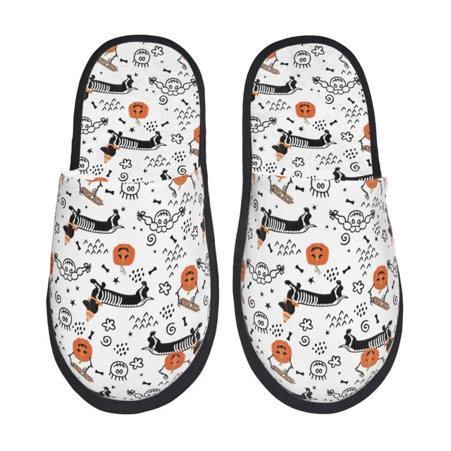 Balery Halloween Dachshund Pantuflas de Casa de Felpa Silenciosas con Diseño Estampado, Zapatillas Cómodas Antideslizantes de Algodón para Interior-Large