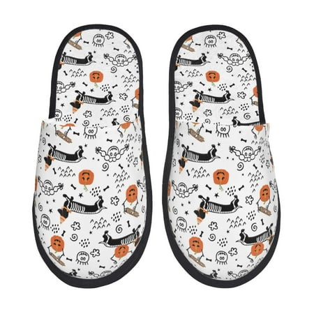 

Fuzoiu Halloween Dachshund Print Unisex Furry Slippers Plush Indoor Shoes Trendy House Slippers Anti-Skid EVA Sole House Shoes for Home Office and Travel -Large
