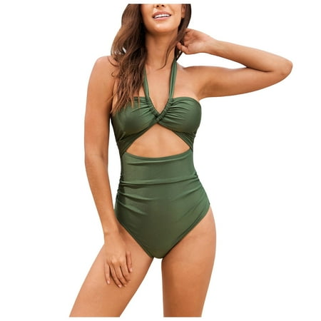 CAICJ98 Swimsuits for Women One Piece V Neck Swimsuit Halter Backless Ruched Tummy Control Bathing Suit Green L