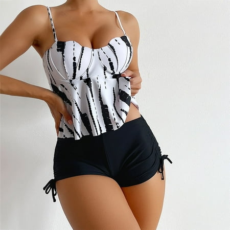 IDALL Bikini Sets Bathing Suit Women s Tankini Swimsuits Two Piece Halter Bathing Suits Tiered Flounce Top With Boyshorts Swimwear Womens Swimsuits Womens Swimwear Black S