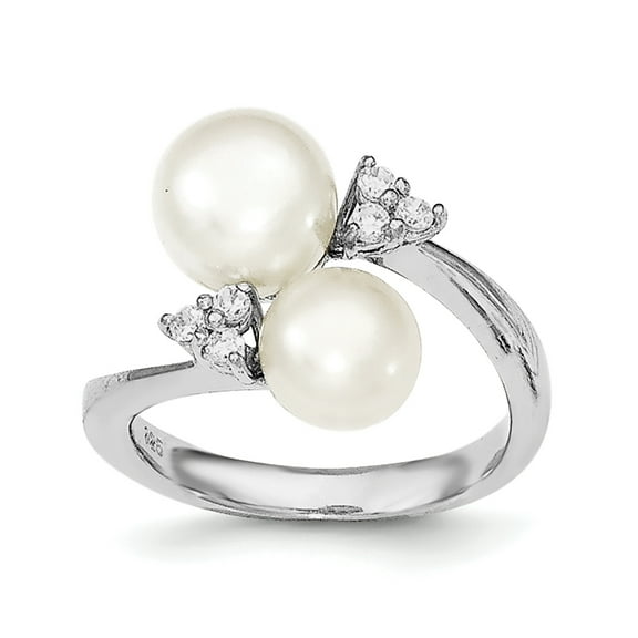 Sterling Silver Rhodium-Plated 8-9mm White 2-Fwc Pearl And Cz Ring (Size 6) Made In China qr6487-6
