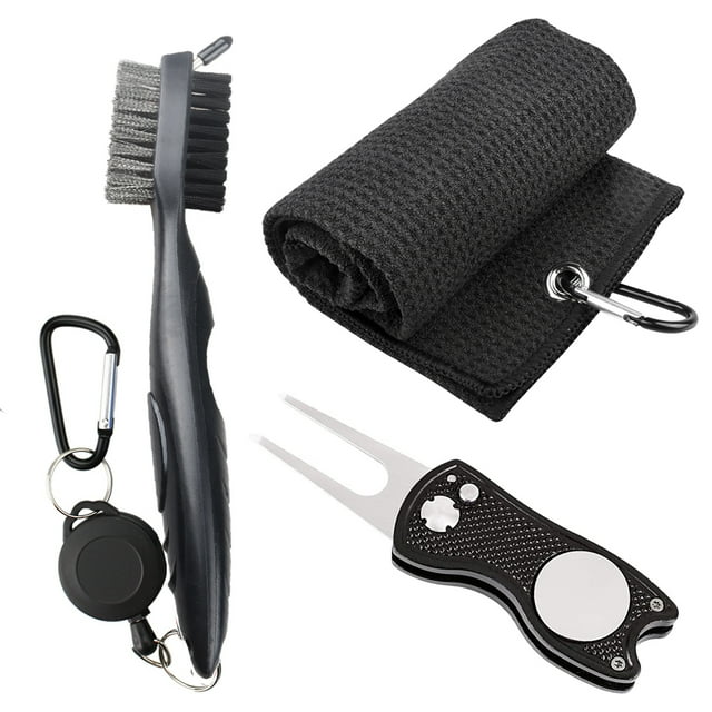 Golf Towel Microfiber Waffle Pattern Golf Brush Tool Kit With Club Groove Cleaner Golf Divot Repair Tool Golf Accessories black