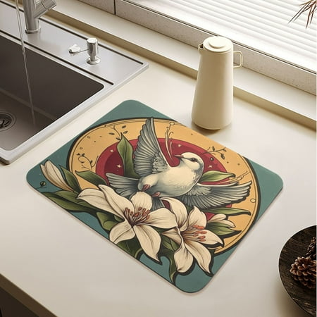 

Illustration Of A Dove Of Peace with White Lily Drying Mat Diatomaceous Earth Super Absorbent Non-slip Rubber Sole Heat Resistant 230 Degrees Fahrenheit 15.7×11.8in
