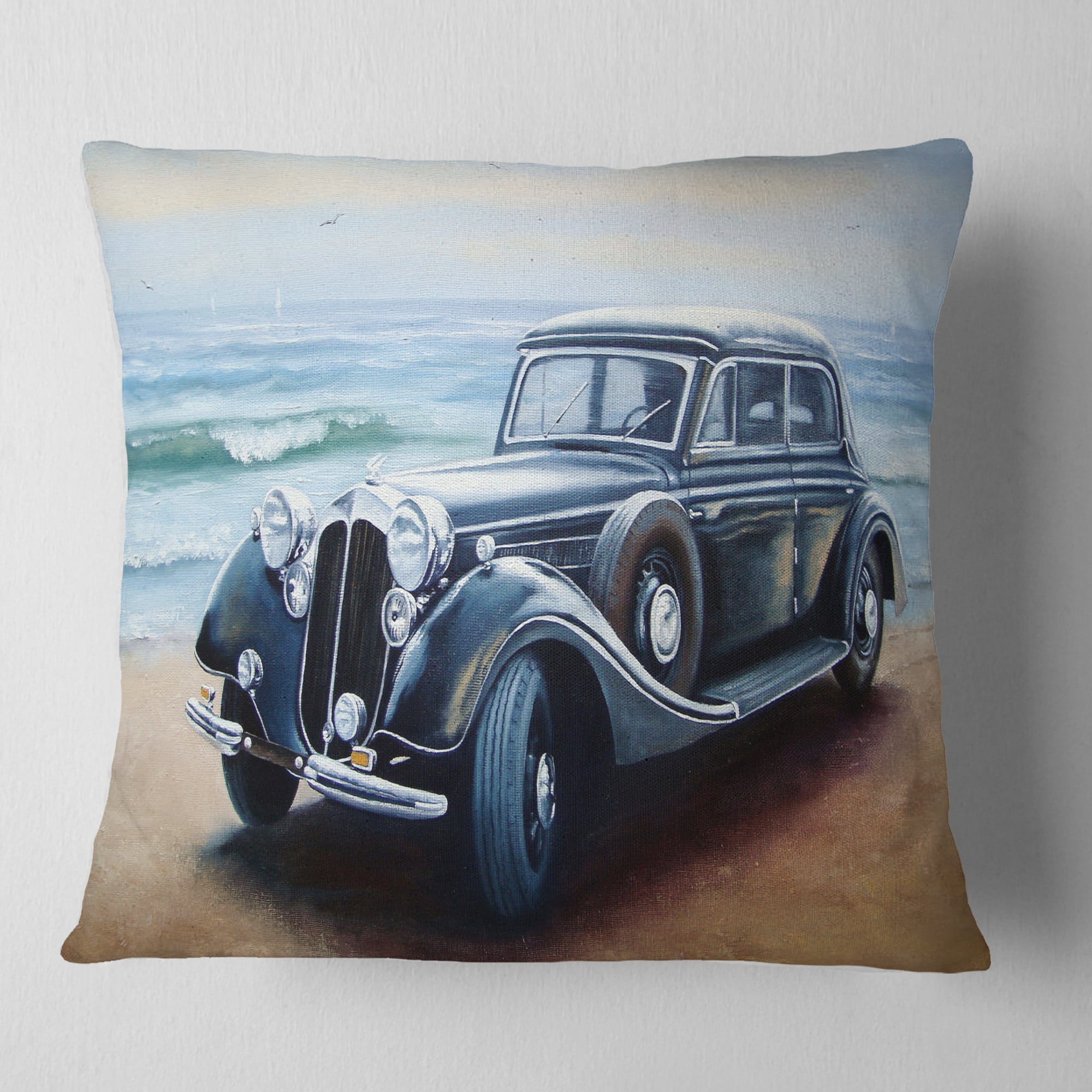 Designart Retro Car on Sea Shore - Car Throw Pillow - 18x18