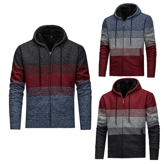 DODADAWANJ Fleece Lined Hoodie for Men Full Zip Thickened Stripe Graphic Hoodies Big and Tall Warm Winter Hooded Sweatshirts Comfort Work Sweatshirt XL