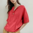 thumbnail image 4 of Qcmgmg Chemises en Lin pour Femmes Manches 3/4 Vacances Tunique Col en V Blouse 2025 Décontractée Bouton Hauts de Plage Rouge P, 4 of 6