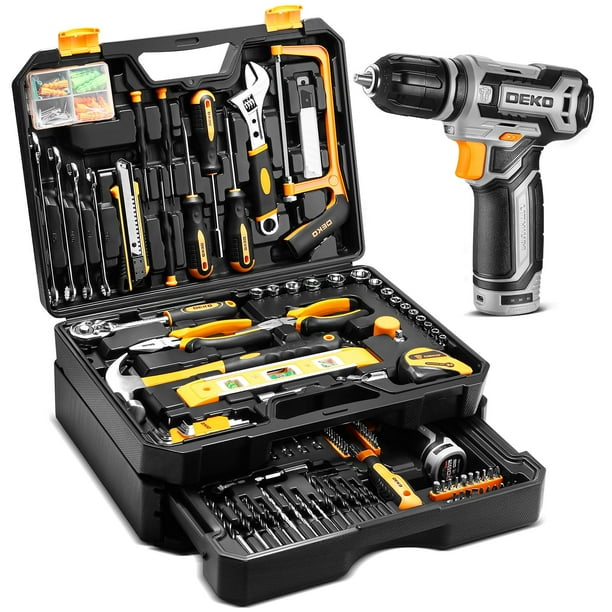 Juego de herramientas DEKOPRO Home Mechanic con taladro de 12 V