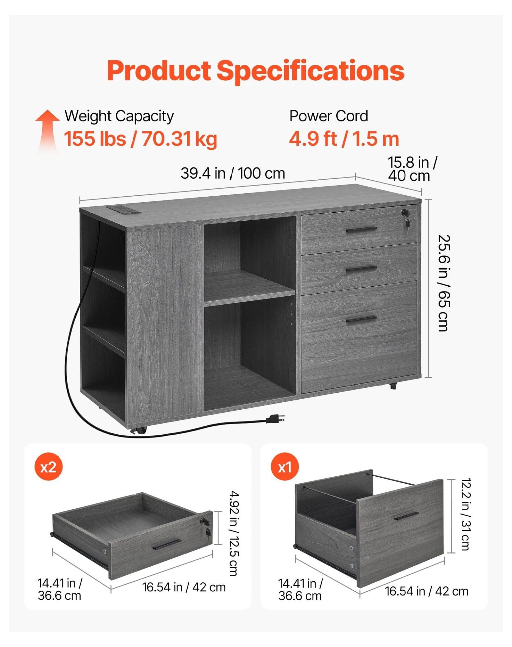 3 Drawer File Cabinet Mobile, Wooden Filing Cabinet with Power Strip - Gray Office Storage