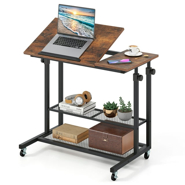 Patiojoy Bureau Ergonomique Assis-Debout à Hauteur Réglable, Bureau d'Ordinateur Debout avec Plateau Inclinable et Roulettes, Brun Rustique