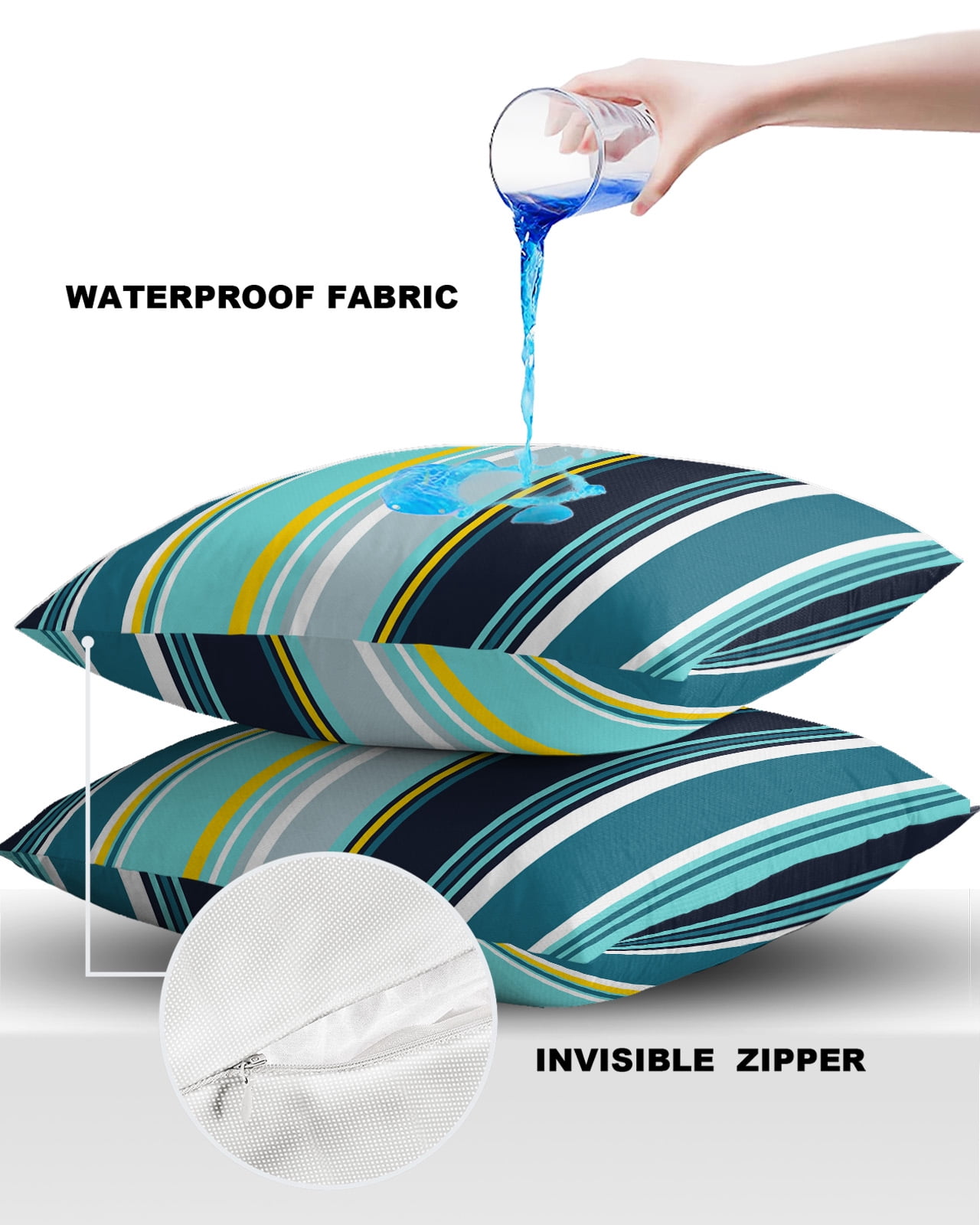 Pack of 2 Outdoor Pillow Covers, Colorful Stripes Navy Blue Teal Turquoise Black Wood Texture Waterproof Square Throw Pillowcase Cushion Decorative Pillow Covers for Couch Patio Tent, 16x16 in