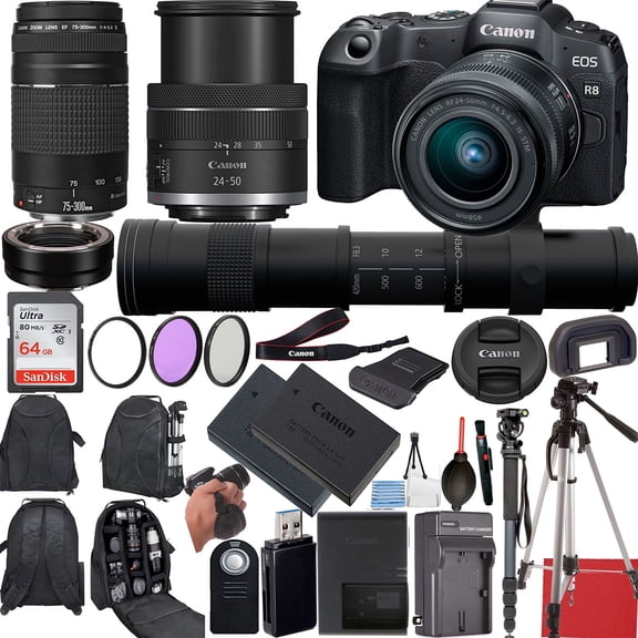 Canon EOS R8 Mirrorless Camera with 24-50mm, EF 75-300mm & 420-800mm Lenses   Mount Adapter   20 Essential Accessories for Content Creators