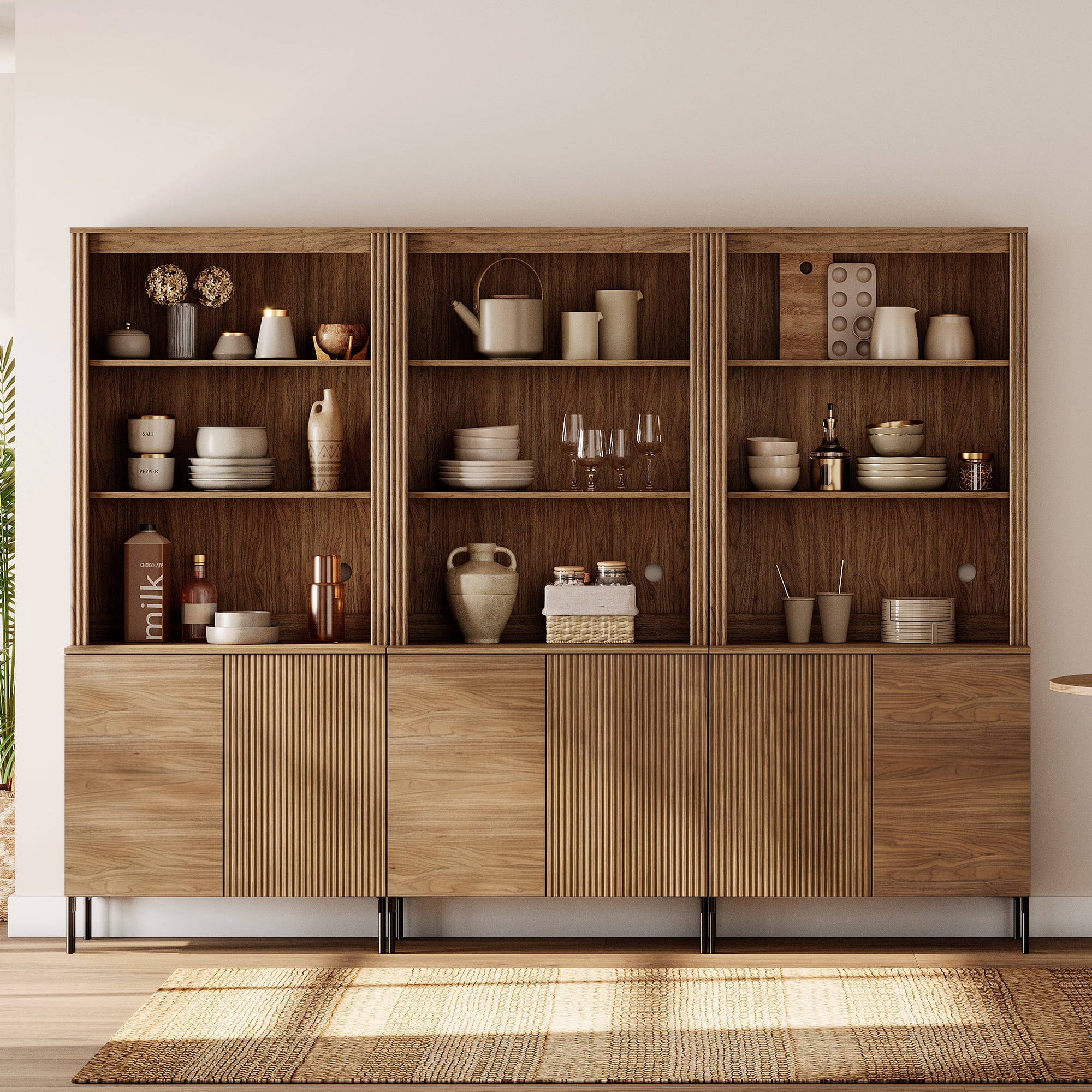 71" Tall Arched Kitchen Pantry Cabinet Set of 2, Wood Bookcase Display Cabinet With Doors And Adjustable Shelves, Mid-Century Modern Versatile Cupboard For Dining Room, Bedroom