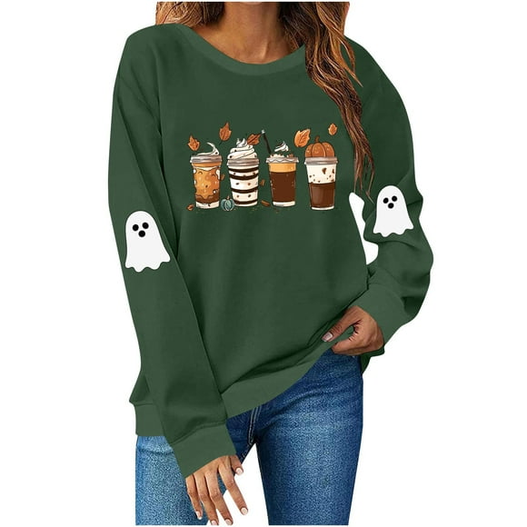 Pisexur Long Sleeve Shirt Women High-Quality Fabric Womens Tops Women's Halloween Printed Round Neck Long Sleeved Top Loose Fitting Sweater Army Green,XL