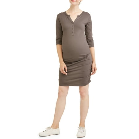 Flattering Floral Dress - Maternity 3/4 Sleeve Henley Dress with Flattering Side Ruching - Available in Plus Sizes