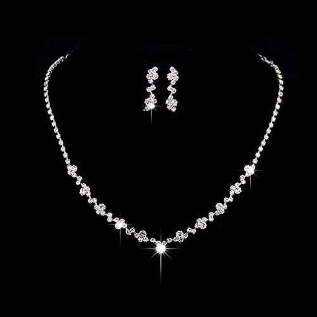 Conjunto de collar y aretes de plata para novia, collar con diamantes de imitación, conjunto de joyería de boda de cristal para damas y niñas (2 aretes y 1 collar) oso de fresa Electrónica