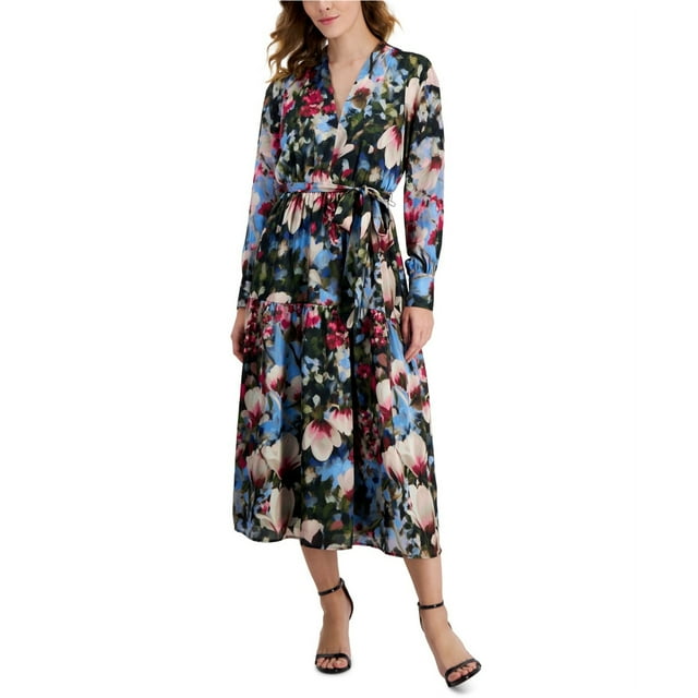 Anne Klein Womens FLoral Tiered Dress, black, XL
