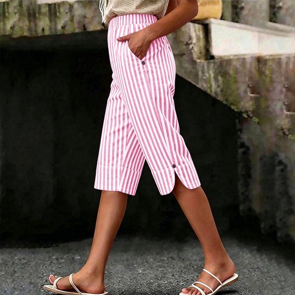 Cagogo Women Plus Size Capri Pants High Waisted Casual Elastic Waist Striped Cropped Pants with Pockets Beach Vacation Trousers Lounge Travel Summer Clothes, Pink 3XL