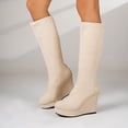 thumbnail image 6 of Women Round Toe Slip on Platform Wedge High Heel Knee High Tall Boots Comfort Stretch Footwear Autumn Winter Fashion Warm Shoes Beige 8.5(41), 6 of 9