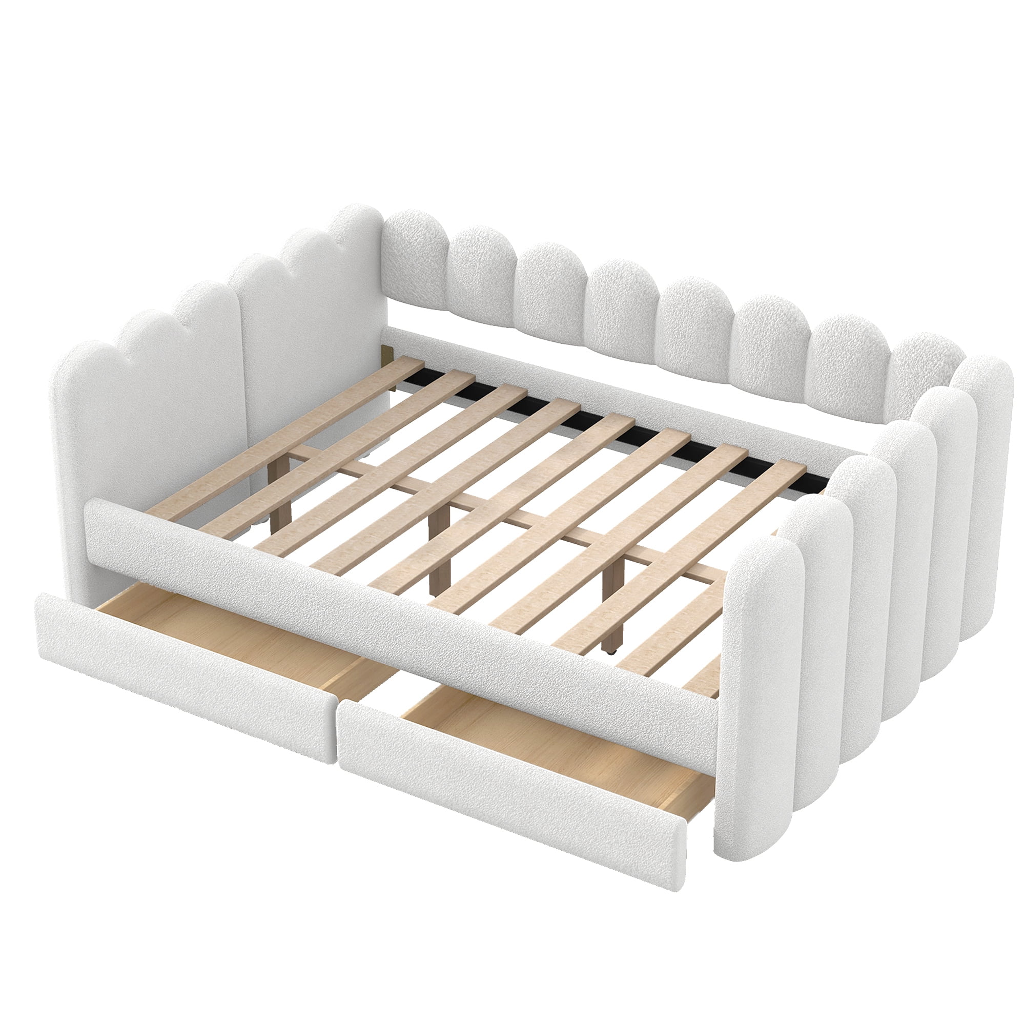 EUROCO Queen Upholstered Daybed with 2 Storage Drawers, Solid Wood Frame, Easy Assembly, Space-Saving Design, White
