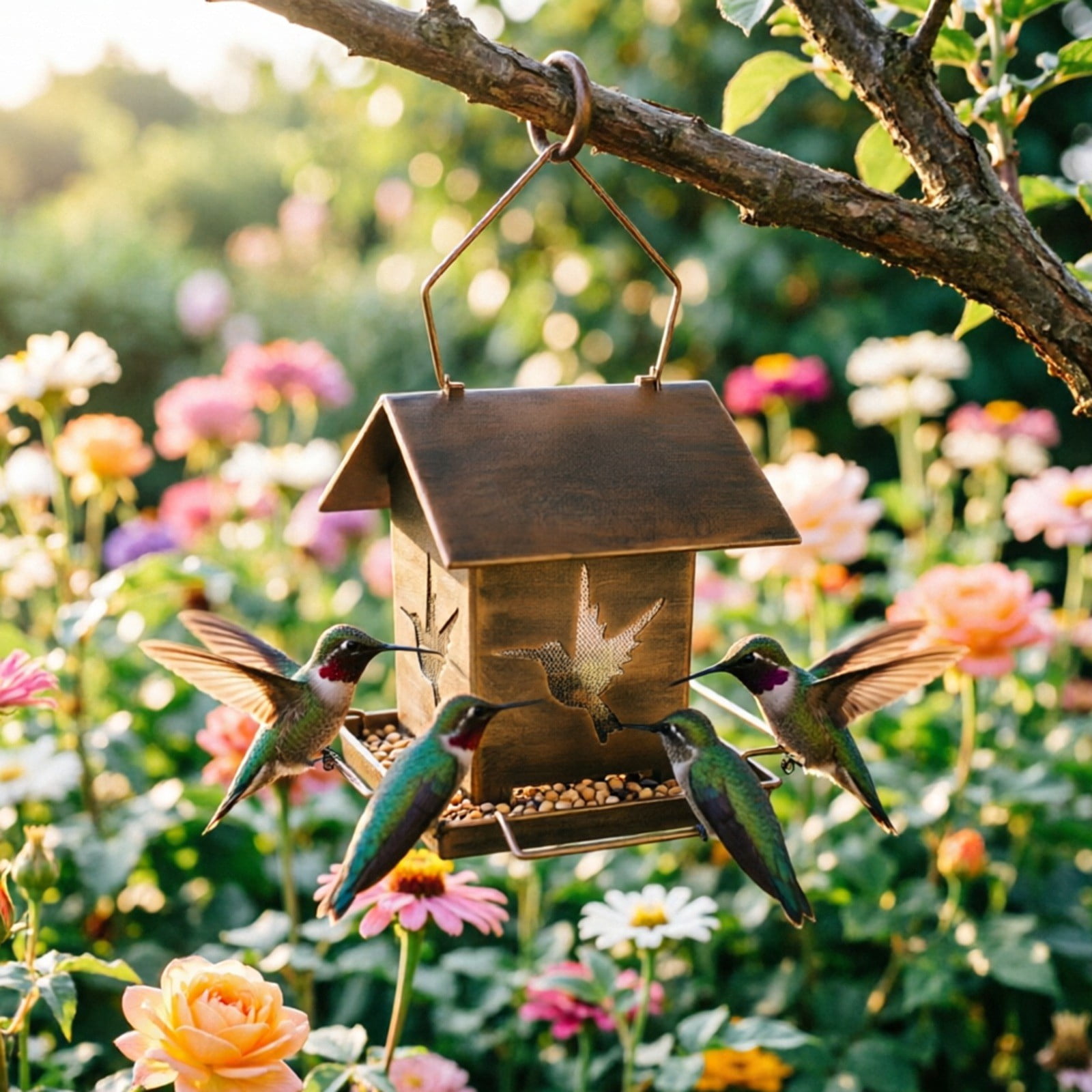 12.2in Antique Bronze Hummingbird Feeder, Metal Hanging Wild Bird Feeder, Large Capacity Weatherproof Outdoor Garden Decor