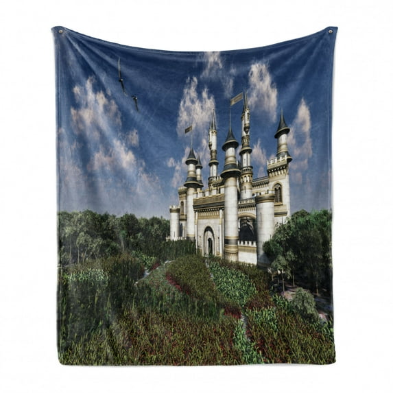 Fairy Tale Soft Flannel Fleece Throw Blanket, 2 Bald Eagles Fly over the Magnificent Royal Castle Surrounded by Gardens, Cozy Plush for Indoor and Outdoor Use, 60" x 80", Multicolor, by Ambesonne