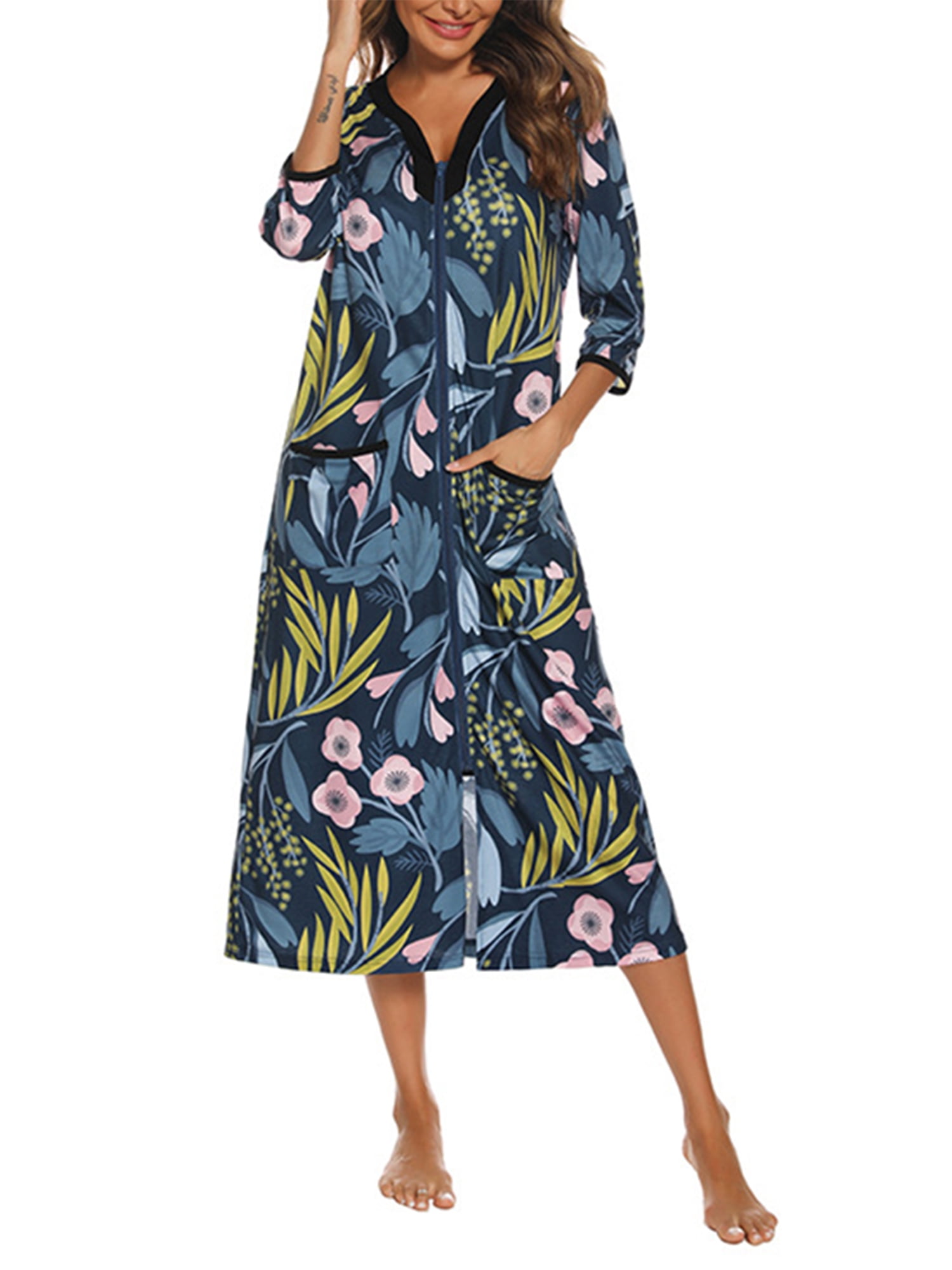 Grianlook Women Nightgown Floral Print Housedress V Neck Robe Homw