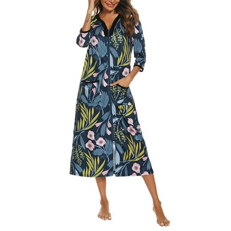 

Woobling Women Nightgown Floral Print Robe Soft Housedress Ladies Loose Lounge Sleepwear Navy Blue 2XL