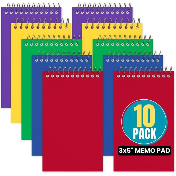 1InTheOffice Wirebound Spiral Memo Books, Memo Pads, 3" x 5", College Ruled, Small Notepad 3x5, Assorted, 75 Sheets/Pad, 5 Pads/Pack (10)