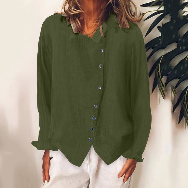 RXIRUCGD Chemise à Manches Longues en Coton et Lin pour Femme, Chemise à Col Rond Unie à la Mode, Chemise/chemise à Manches Longues à Col Rond pour Femme, Vert Armée, Taille : M
