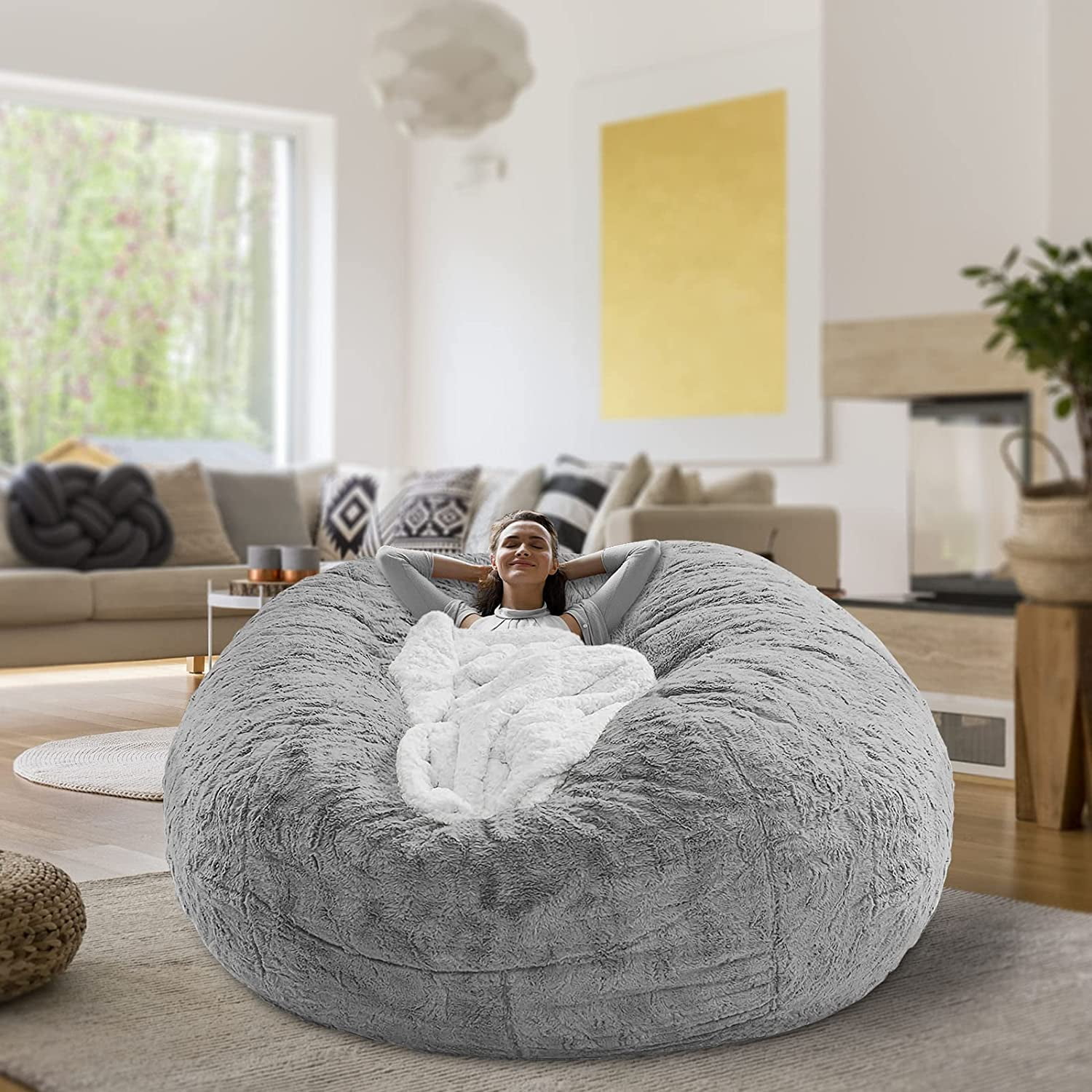 EKWQ 5FT Bean Bag Chair Cover(it was only a Cover, not a Full Bean Bag)  Living Room Furniture Big Round Soft Fluffy Faux Fur BeanBag Lazy Sofa Bed