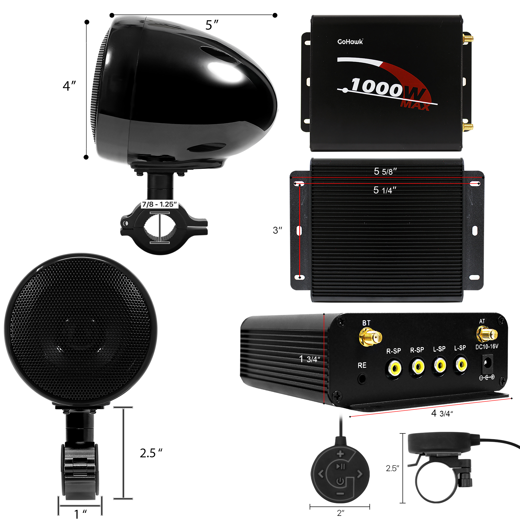 GoHawk 4" Waterproof Motorcycle Bluetooth Speakers Stereo Amplifier Audio System Harley ATV FM Radio