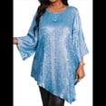 thumbnail image 2 of Blusa Holgada con Cuello Redondo y Mangas de Puntos, Dobladillo Irregular, Talla Grande 2025 para Mujer Azul XXXL, 2 of 8