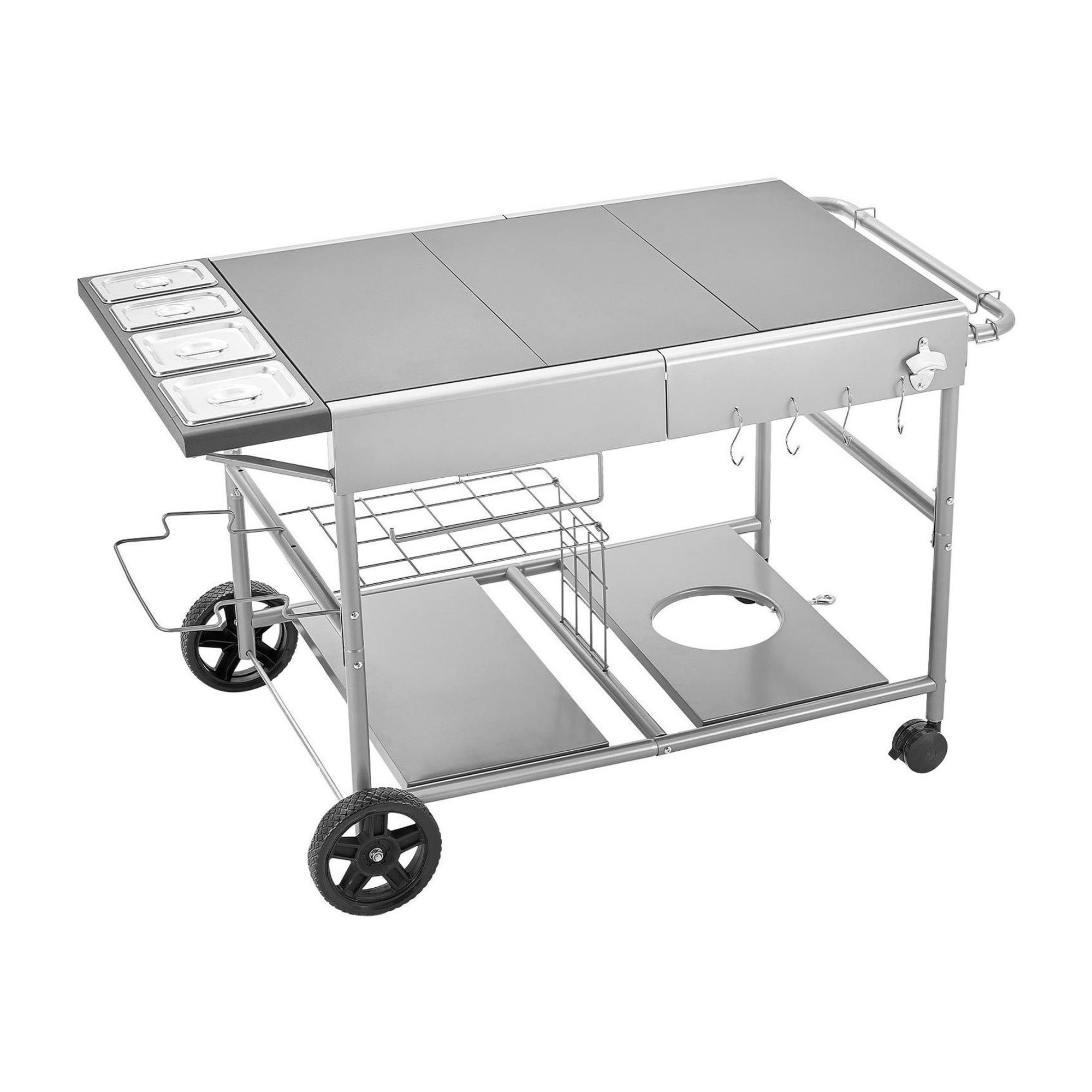 Outdoor Grill Cart - 36.4 x 23.4 inch BBQ Prep Table with Spice Holders & Hooks, Movable Rolling Grill Table for Patio, Kitchen, Picnic & Outdoor Cooking