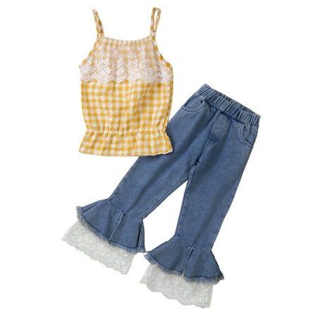 

aturustex Toddler Girl Long Pants Outfits Sleeveless Plaid Pattern Lace Patchwork Sling Tank Tops + Elastic Waist Flare Pants Set