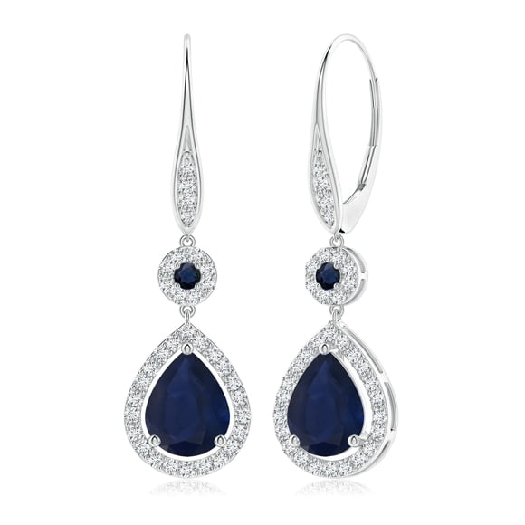 Angara Natural Blue Sapphire Earrings - Round and Pear Sapphire Halo Leverback Earrings in 14K White Gold for Women