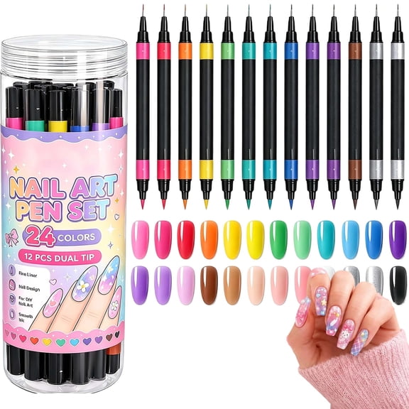 24 Colors Dual Ended Nail Art Pens Set for DIY Nail Art, Fine Liner & Brush Tips, Smooth Quick-Dry Ink for DIY Manicures