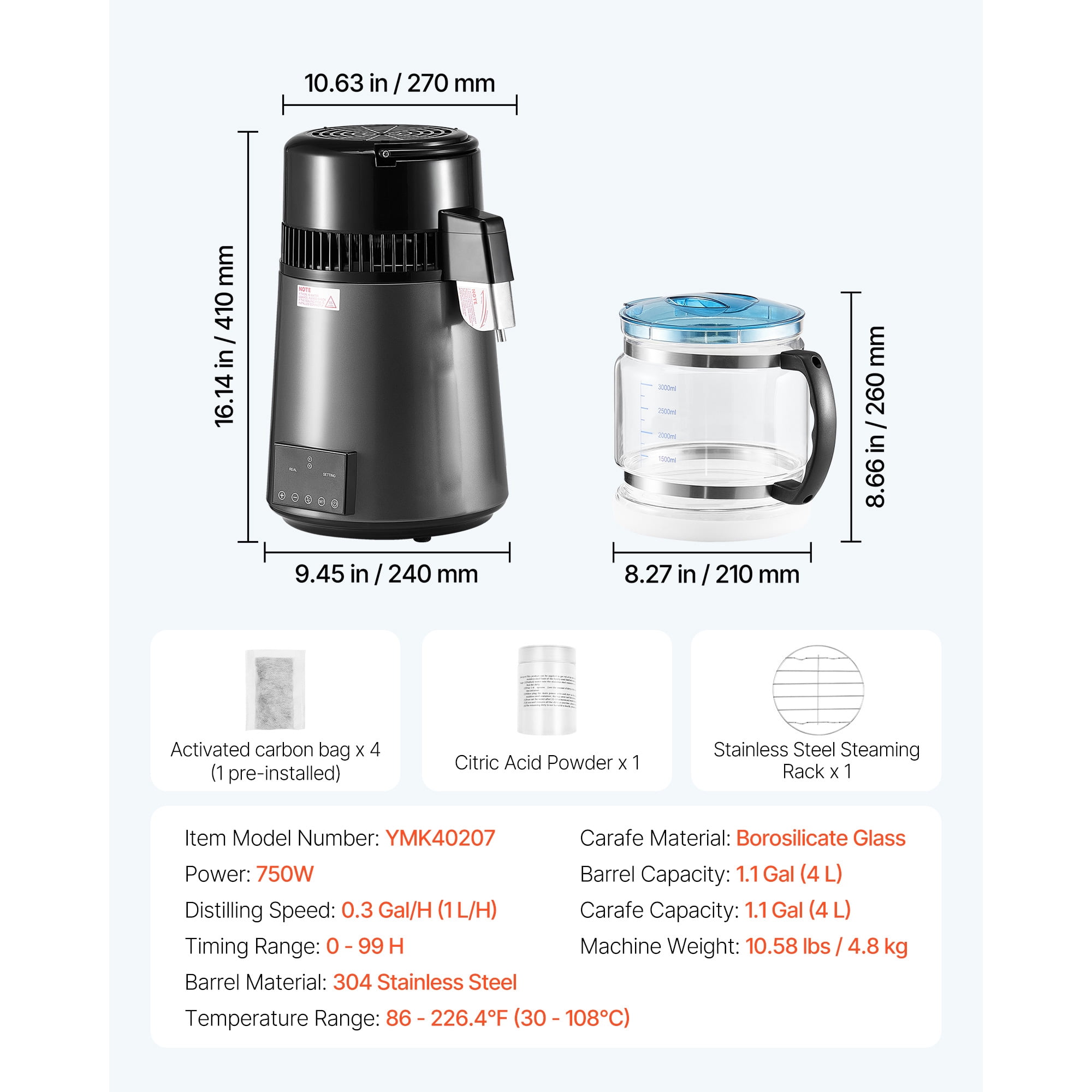 KFFKFF 4L 1.1 Gallon Water Distiller for Home Countertop, 750W Purifier with Glass Container, Stainless Steel Interior for Clean Drinking Water, Grey