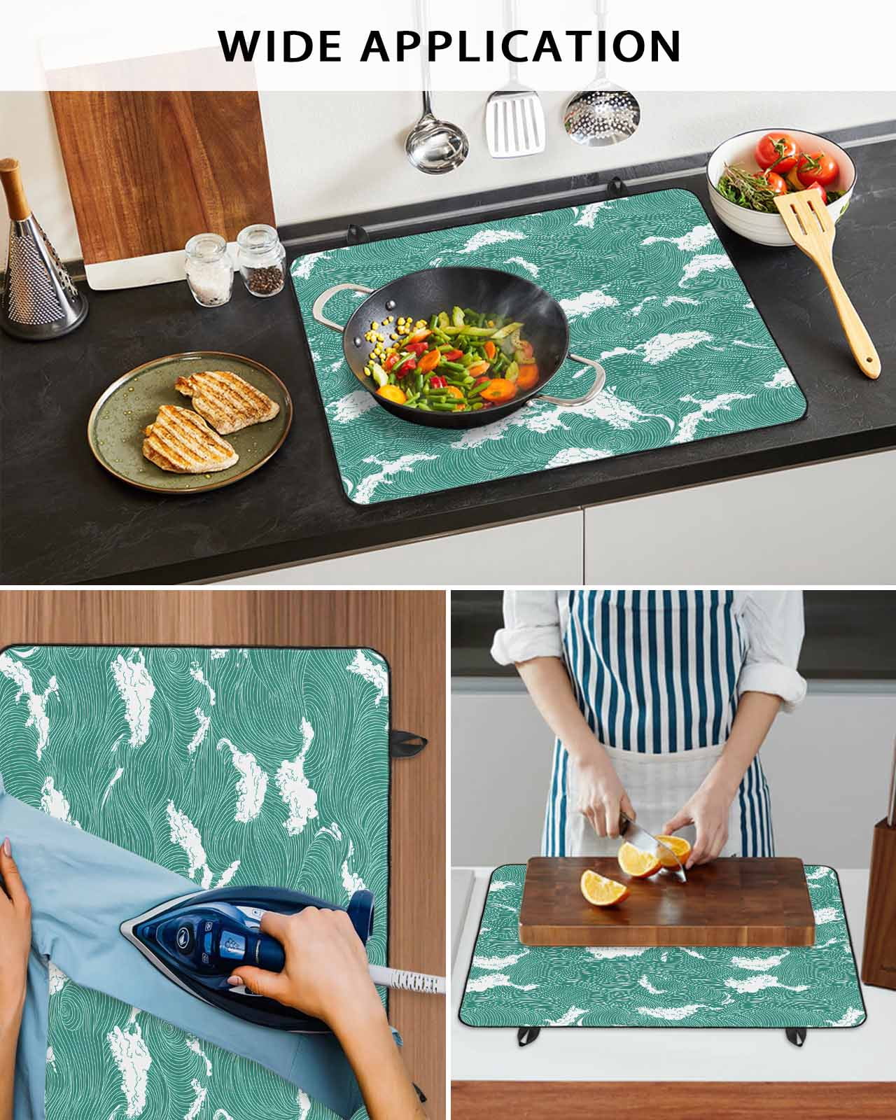 nqOlkjepod Large Induction Cooktop Protector Mat 24"x21", Green White Ocean Waves Stove Top Covers for Electric Stove, Coastal Abstract Art Moire Stove Burner Cover Mats, Glass Top Stove Cover