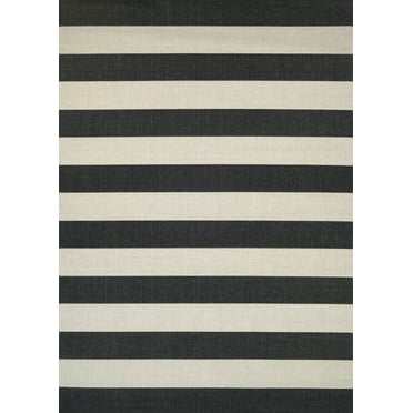 Couristan 3.9' x 5.5' Black and Ivory Striped Rectangular Outdoor Area Throw Rug