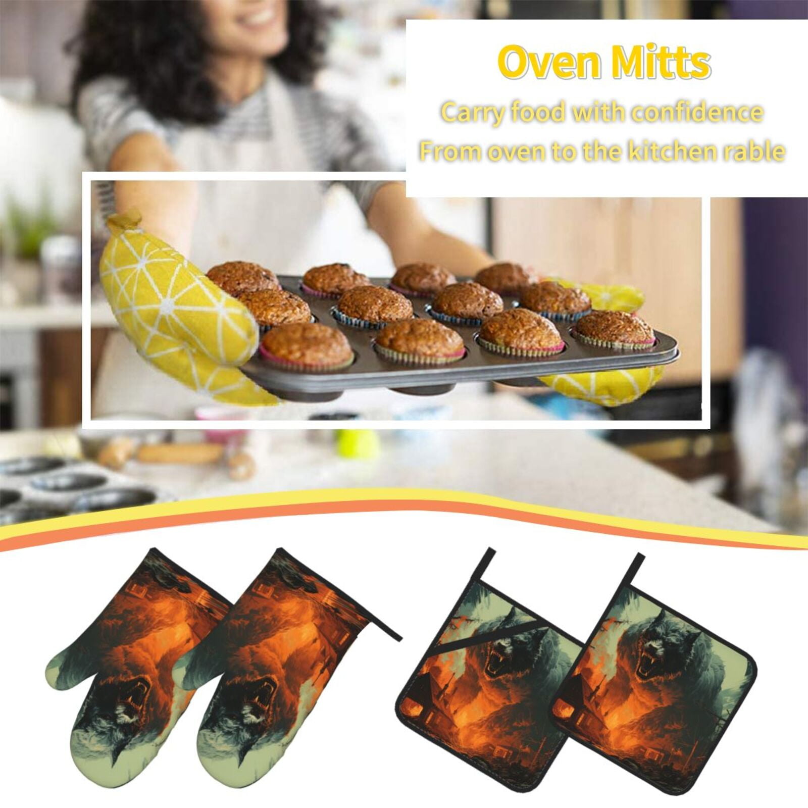 Werewolf Night Cool Art 4Pcs Oven Mitts and Pot Holders Sets Oven Kitchen Gloves Hot Pads for Cooking BBQ Baking Grilling