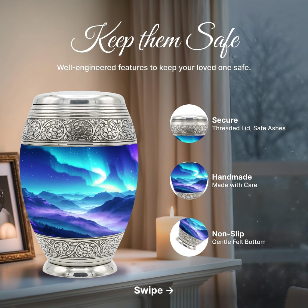 Set of 6 Cremation Urns for Human Ashes Includes 1 Large Urn with 4 Small Keepsakes & 1 Silver Necklace - Aurora Mountain