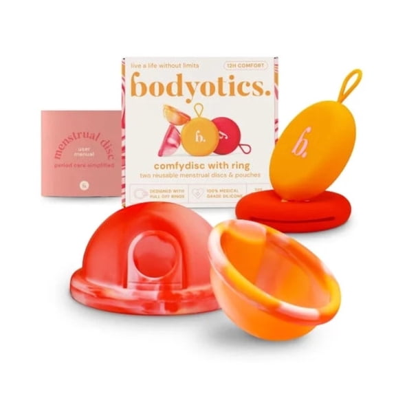 Bodyotics Reusable Menstrual Disc – Multi-Size Set (S & L) for All Menstrual Flows, Includes 2 Pouches – 12h Wear, up to 10-Year Lifespan – Orange & Red
