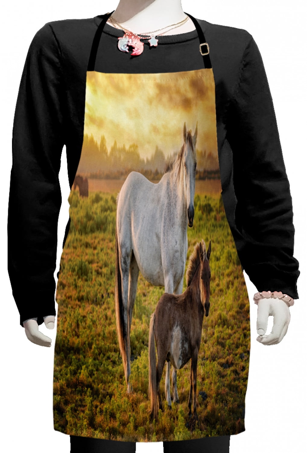 Animal Kids Apron, Horses in a Pasture with Tangerine Tone Sunset Northern California, Boys Girls Apron Bib with Adjustable Ties for Cooking Baking Painting, Dark Taupe Multicolor, by Ambesonne