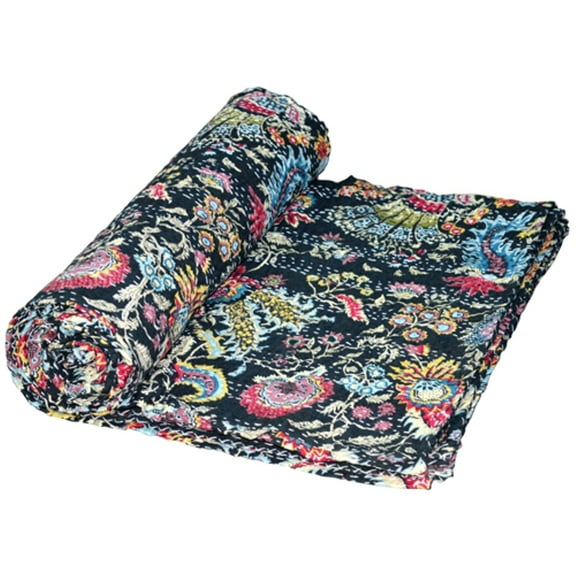 Indian Floral Kantha Quilt Black Mukat Print Throw Reversible Kantha Bedding Vintage Bohemian Blanket Decor Bedspread Gudari