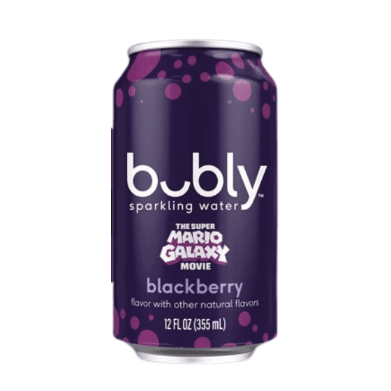 Bubly Sparkling Water, The Super Mario Galaxy Movie Blackberry, Strawberry Sunset, Bellini Bliss, Mango Vareity Pack Zero Sugar & Zero Calories, 12 fl oz Cans ( 4Pack )