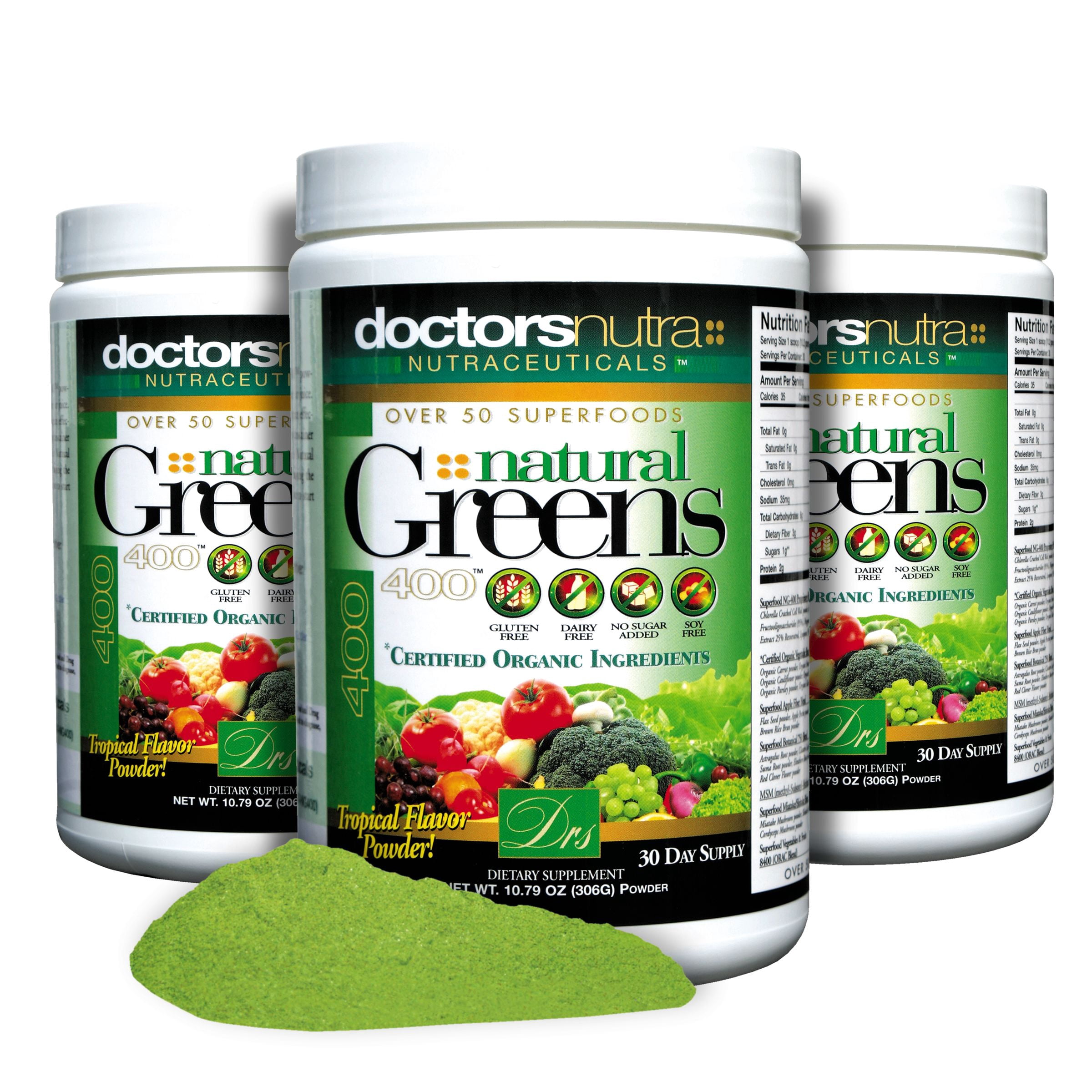 Natural Greens Powder Drink Super Food with Certified Organic Ingredients. 50+ Gluten Free Vegetarian Plant-Based Superfoods + Probiotics, Digestive Enzymes Great Tropical Flavor, 30 servings